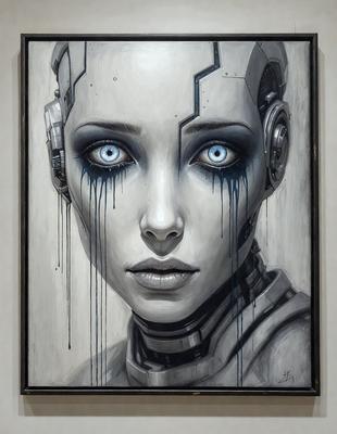 The primary subject of the image is a woman with blue eyes, wearing a futuristic outfit. She has a striking appearance with her blue eyes and the futuristic clothing. The setting is a room with a backdrop of a wall, and the visual style is a painting or drawing. The colors and mood of the image are dark and dramatic, with the blue eyes and futuristic clothing creating a striking and mysterious atmosphere.